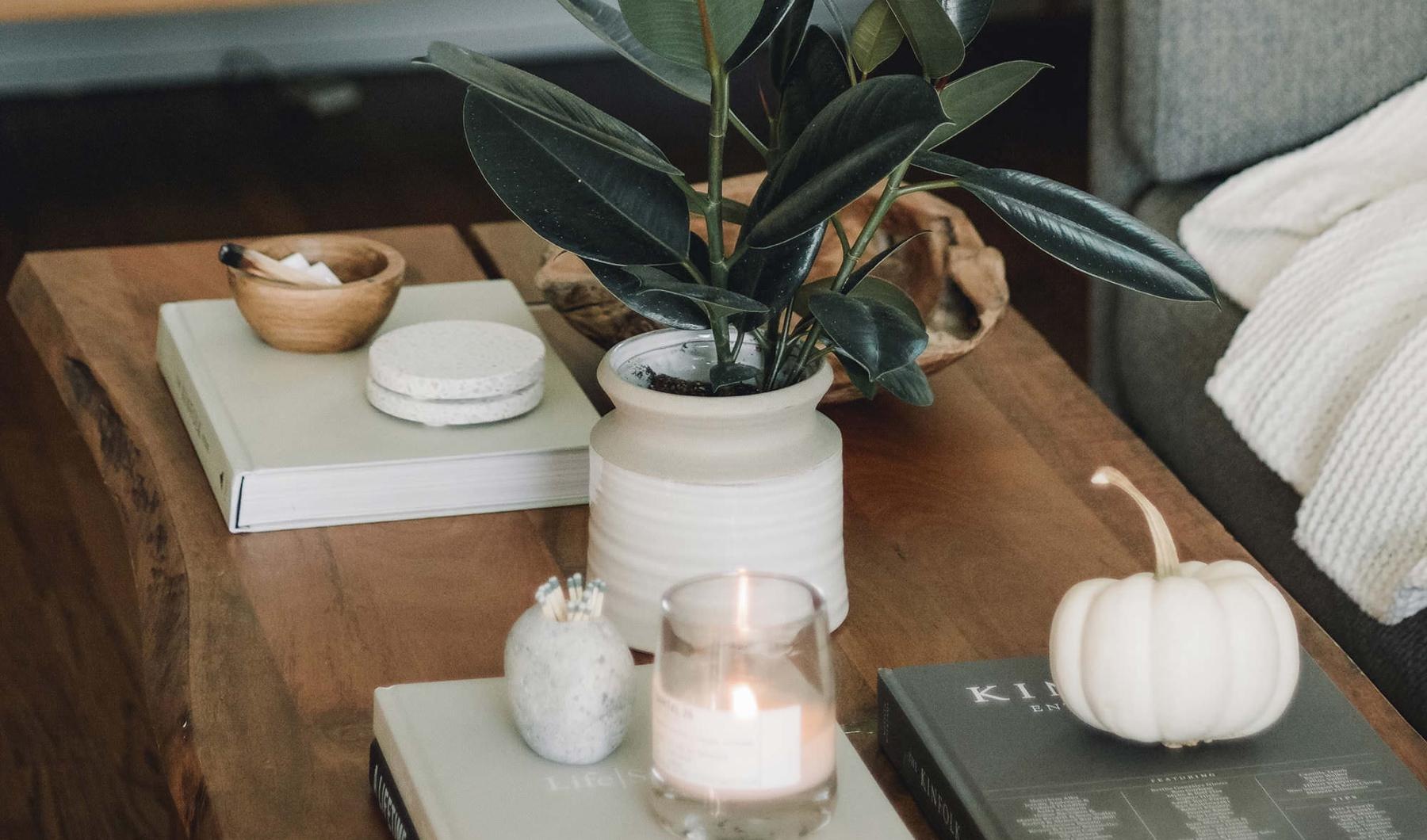 coffee table decorated with books, a potted plant, a candle and other knick-knacks