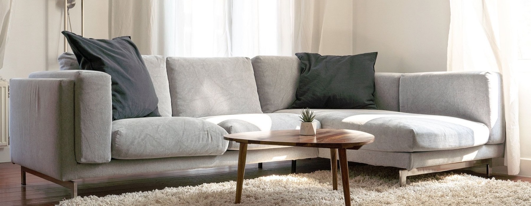 oversized windows brighten spacious, furnished living room
