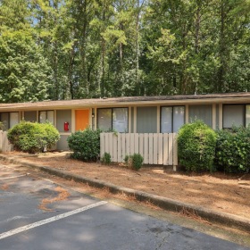 a building in the woods